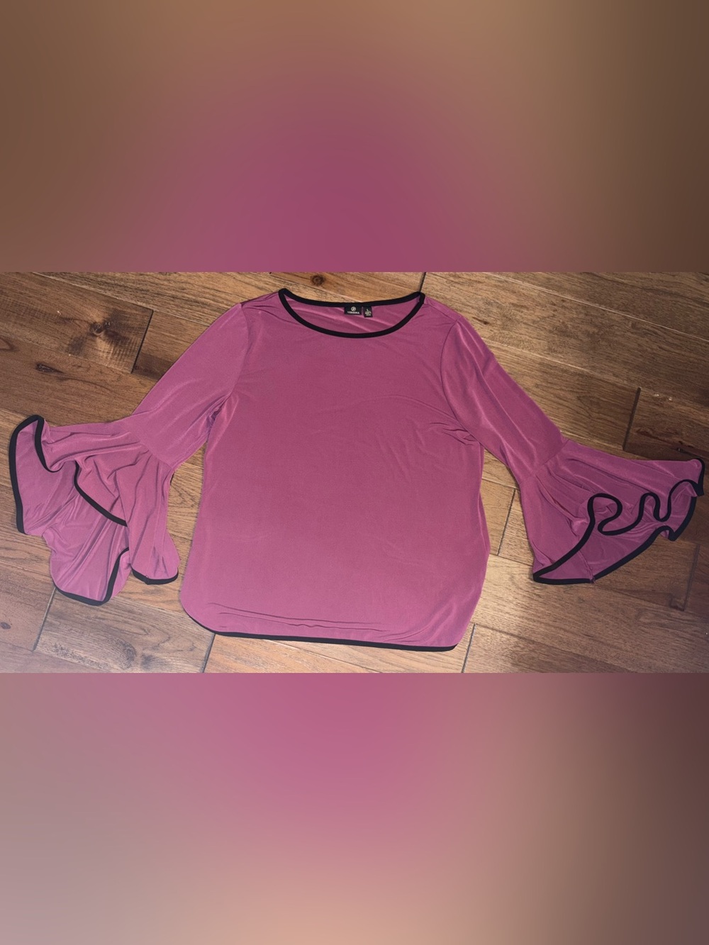 Versona Pink Ruffle Bell Sleeve Blouse with Black Trim